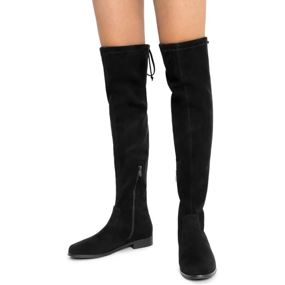 Women's Black-suede Thigh High Low Block Heel Casual Fashion Over the Knee Boots